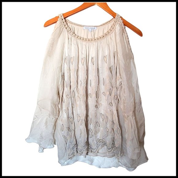 Tempo Paris Tops - Tempo Paris Cold Shoulder Tunic Top Silk Floral Embroidery Bell Sleeve L Large